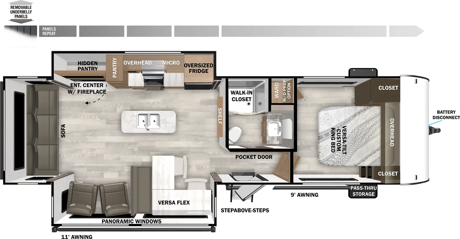 The Salem 27RE has one entry and two slide outs. Exterior features include: metal or fiberglass exterior and 11' & 9' awning. Interiors features include: kitchen island, front bedroom and rear living.